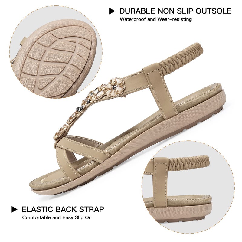 SHIBEVER Flat Sandals for Women Dressy: Size 7 Summer Flowers Dress Sandals- Comfortable Walking Soft Work Flats Womens Sandal Apricot - Image 4